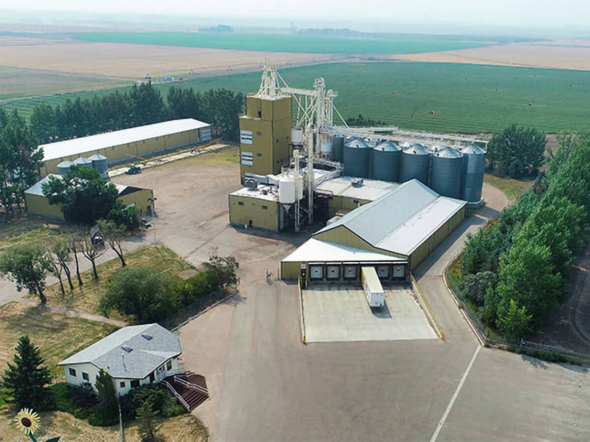 An aerial image of the G.S. Dunn seed procurement and cleaning facility in Bow Island, Alberta. Photo: Screencap via gsdunn.com