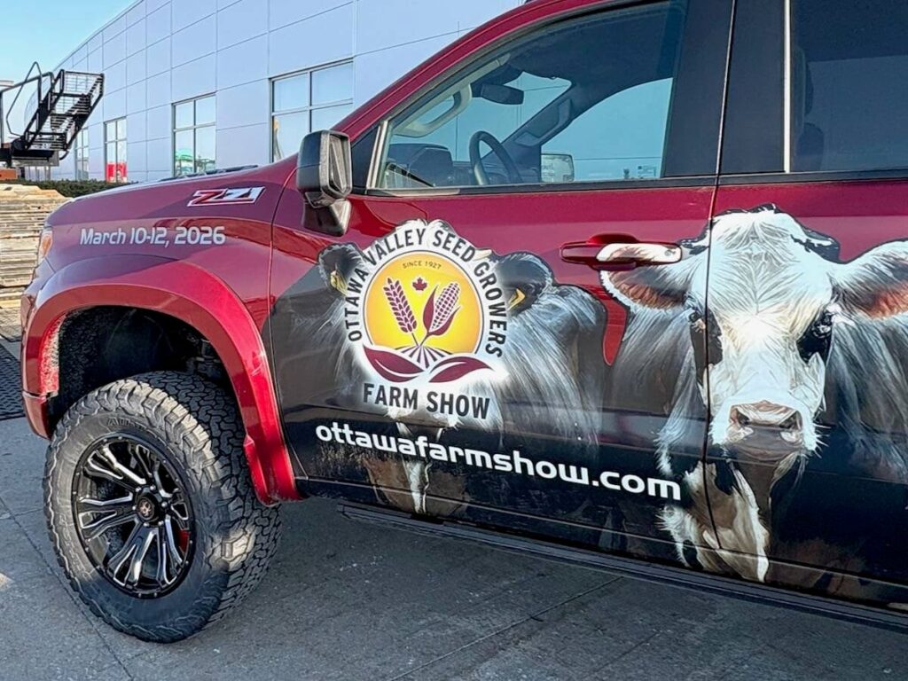 Pickup truck customized with promotion for the 2026 Ottawa Valley Farm Show. 