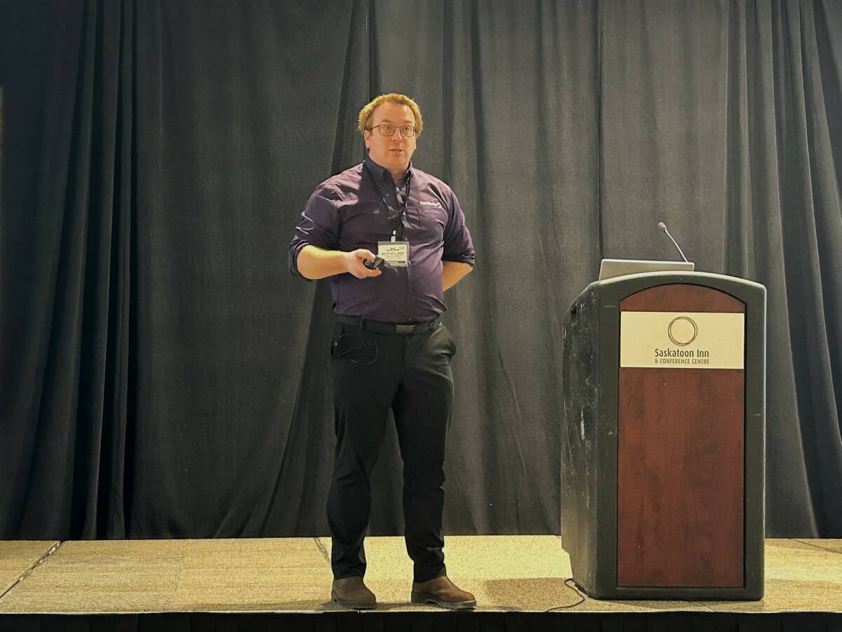 Mitchell Japp of SaskBarley presents at Top Crop Summit in Saskatoon on Feb. 26, 2026. Photo: Janelle Rudolph