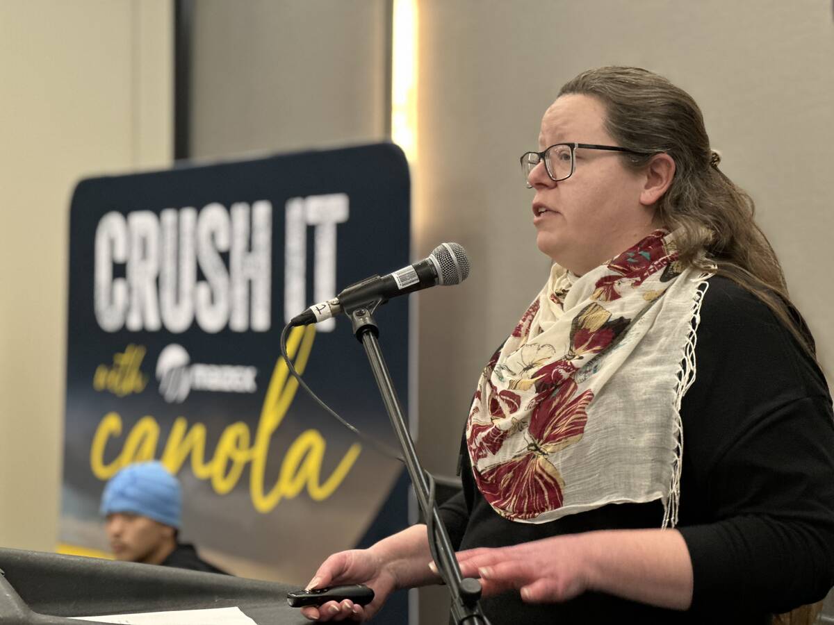 Meghan Vankosky speaks at CropConnect 2026 in Winnipeg about the continued spread of pea leaf weevil across the Prairies. Photo: Don Norman
