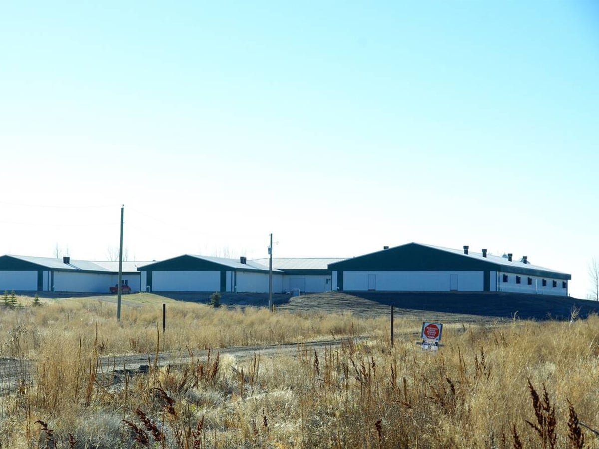 The exterior of a hog barn near Strathclair, Man., with biosecurity sign visible, in October 2018. Photo: Alexis Stockford