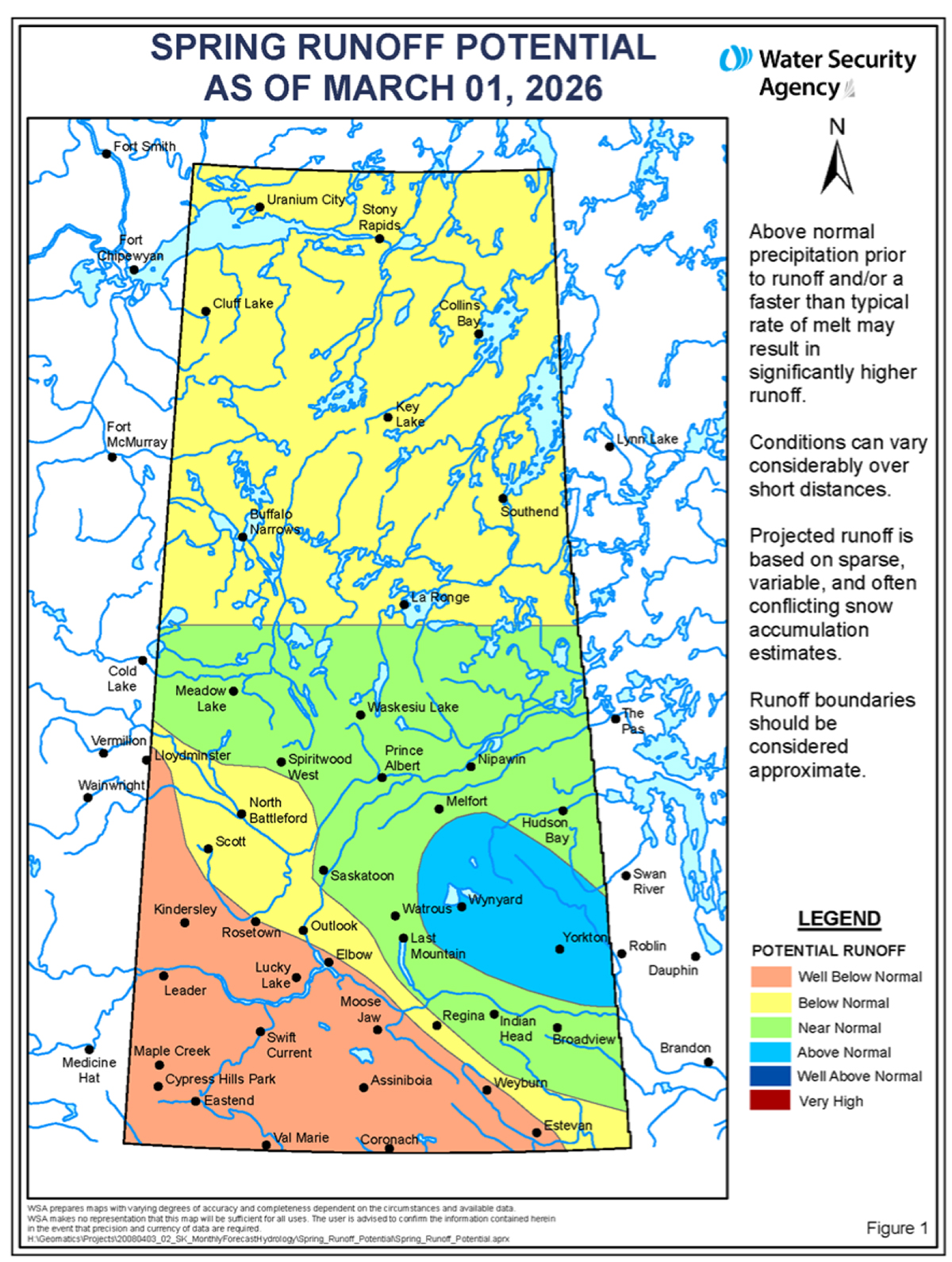 A map showing the "Spring Runoff Potential" for Saskatchewan.