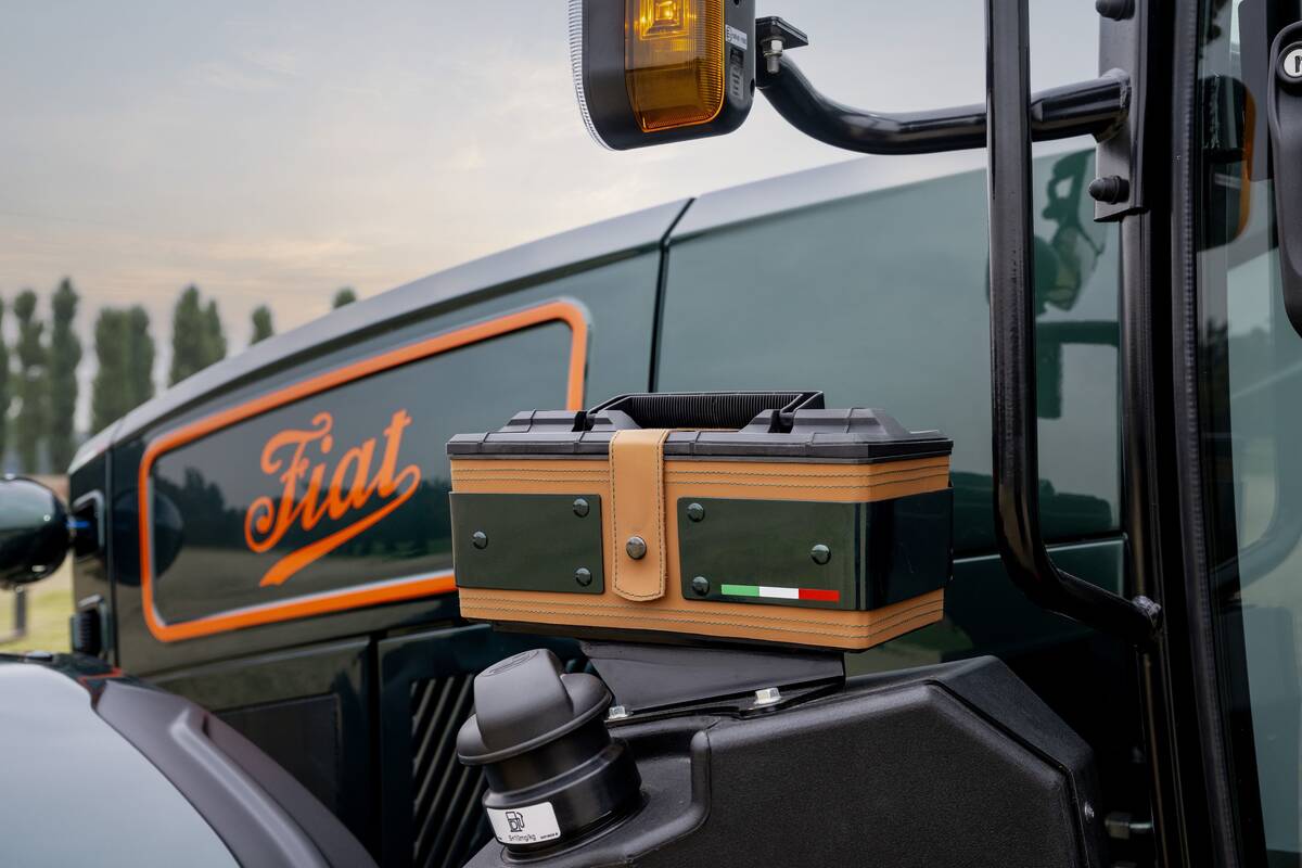 The leather toolbox mounted on the side of New Holland's Trattore concept tractor.