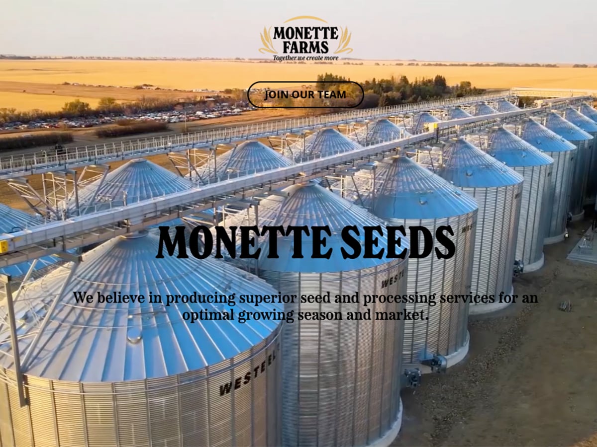 A screencap of a drone video showing a large number of new grain bins with the 