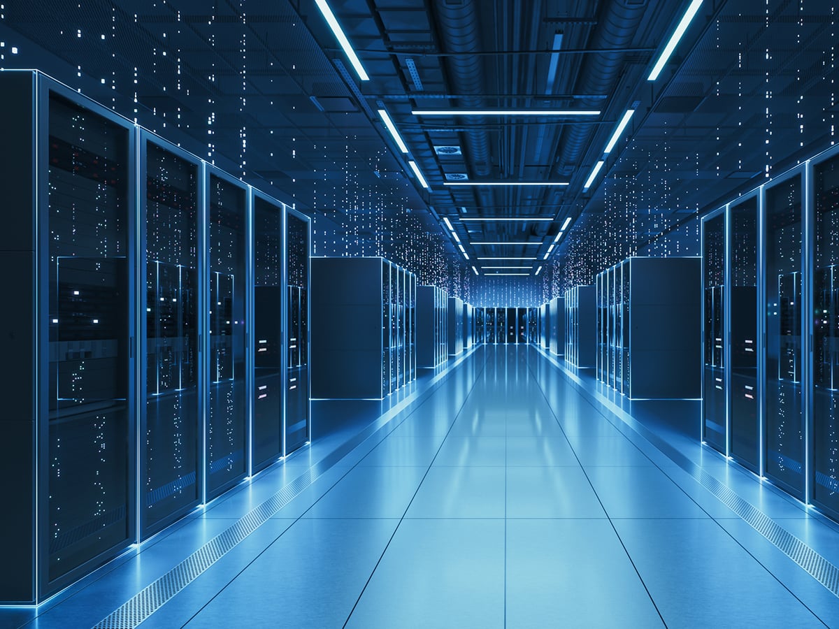 Interior view of a futuristic data centre designed for artificial intelligence processing, featuring glowing servers and digital data streams.