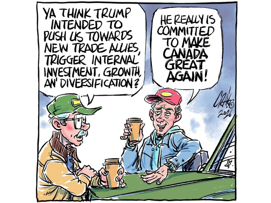 An editorial cartoon featuring two farmers drinking coffee and chatting over the hood of a truck. One farmer says to the other, "Ya thiink Trump intendedd to push us towards new trade allies, trigger internal investment, growth, an