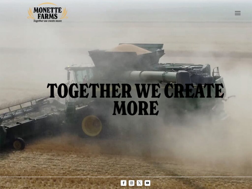 A screencap from thr Monette Farms website showing a combine at harvest kicking up dust.