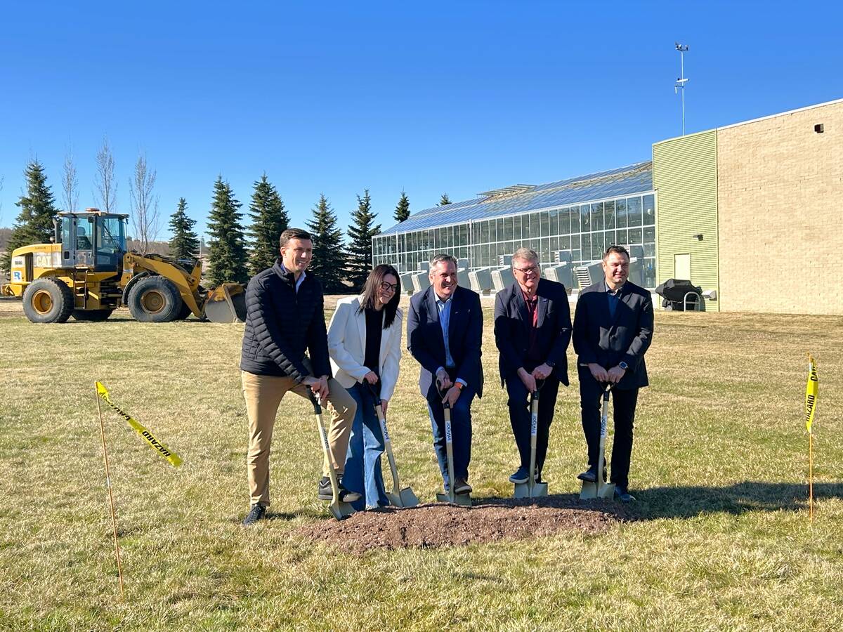 (LtoR) Maximilian Becker, Leta LaRush, Paul Rea, Brent Collins, Jeffrey Mansiere for the BASF Canola Breeding Innovation Centre expansion groundbreaking ceremony. Photo: Janelle Rudolph