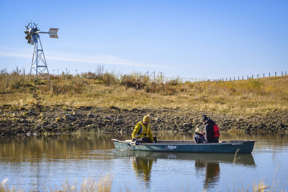Two people wearing flotation devices sit in a small boat on a dugout with an aeration windmill in the background on a sunny day.