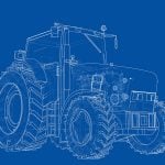 A blue background with a detailed drawing of a tractor on it in white, looking like a blueprint.