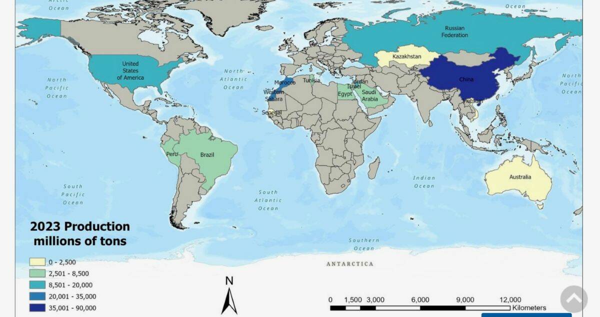 Map of countries with the highest phosphate rock mine production in 2023