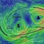 A map illustrating the winds swirling around a low pressure region over western Canada.