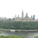 A view of the back side of the Peace Tower and Parliament Hill in Ottawa.