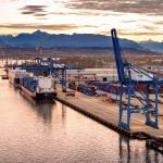 An aerial view of DP World's Fraser Surrey port facility on the Fraser River near Vancouver.