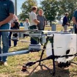 The DJI Agras T100 agricultural spray drone at the 2025 Canada’s Outdoor Farm Show. It has a spray tank capacity of 100 litres and 100 kilograms of dry spreading capacity. Photo: Greg Berg