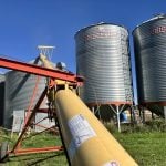 Looking up the faded yellow tube of an auger that's sending grain to the top of a round steel bin on a sunny day with a clear blue sky in the background.