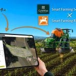 A famer's hands are holding a tablet in a field with a drone overhead and a sprayer a little further away. Red arrows on the image indicate data is moving from the drone to the tablet, then from the tablet to the sprayer.