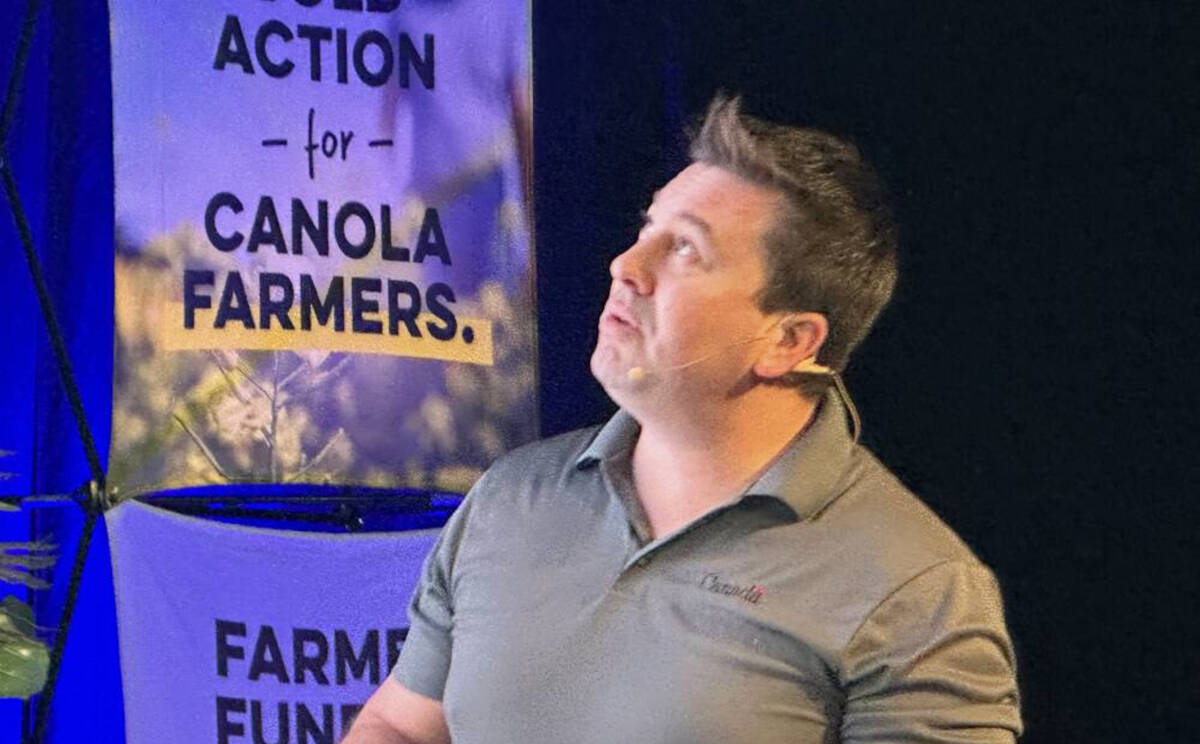 Agriculture and Agri-Food Canada entomologist Tyler Wist speaks at AgDays in 2025, where he advanced a theory linking U.S. drought conditions to aster yellows outbreaks on the Prairies. Photo: Don Norman