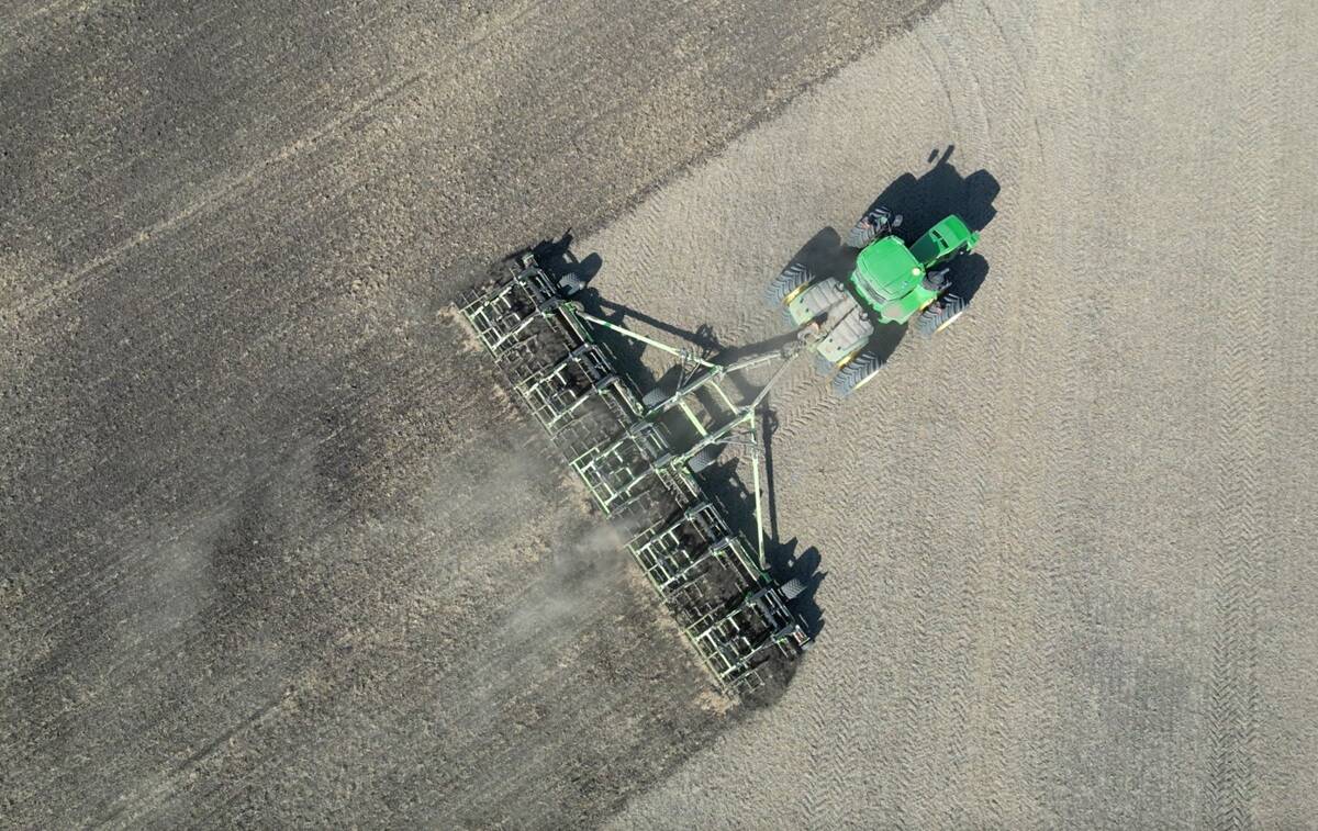Overhead shot of Schulte THX-600 till harrow in field. 