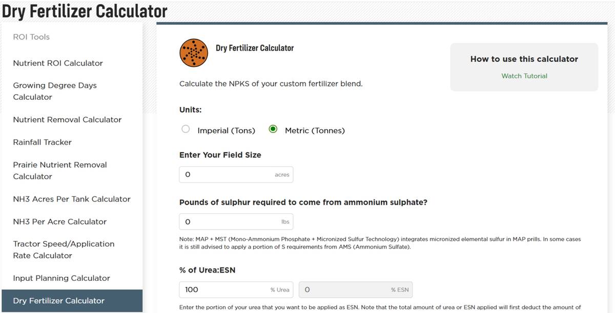 Dry fertilizer calculator on Nutrien's eKonomics website.