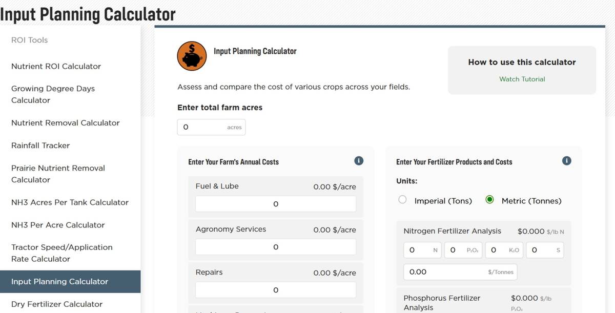 Input planning calculator on Nutrien's eKonomics website.