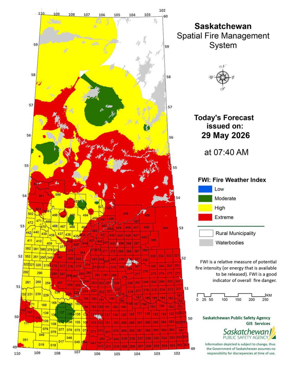 Saskatchewan Spatial Fire Management System Map produced by the Saskatchewan Public Safety Agency for May 29, 2026.  